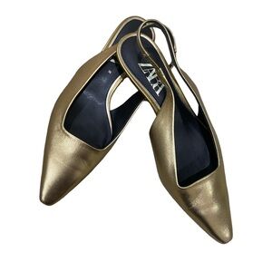 Zara burnished gold leather slingback shoe 1 inch wood kitten heel size 7.5